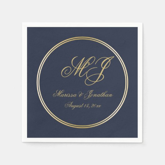 Serviette En Papier Élégant Marine Blue Gold Monogramme Mariage de scr (Devant)