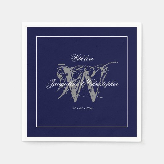 Serviette En Papier Élégant Marine Blue Monogram Noms Mariage classiqu (Devant)