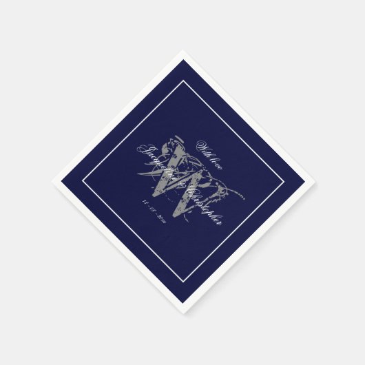Serviette En Papier Élégant Marine Blue Monogram Noms Mariage classiqu (Coin)