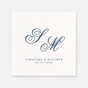 Serviette En Papier Élégant Marine Monogramme bleu Initiales Mariage