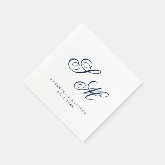 Serviette En Papier Élégant Marine Monogramme bleu Initiales Mariage (Coin)