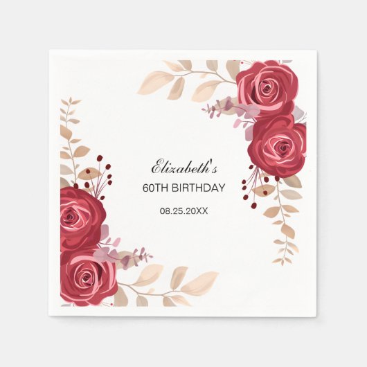 Serviette En Papier Elégant Maroon Rose Floral Verdure Anniversaire (Devant)