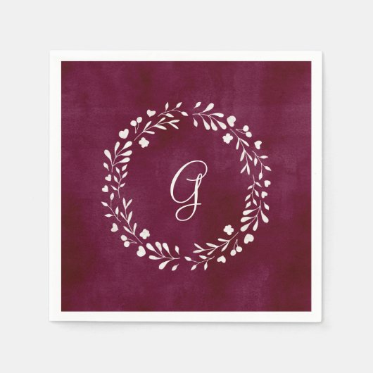 Serviette En Papier Elegant Marsala | Monogramme avec couronne (Devant)