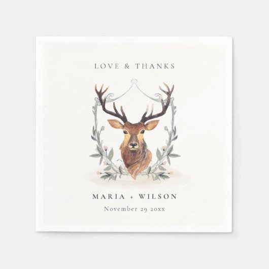Serviette En Papier Élégant Mignon Cerf Crépuscule Floral Blason Maria (Devant)