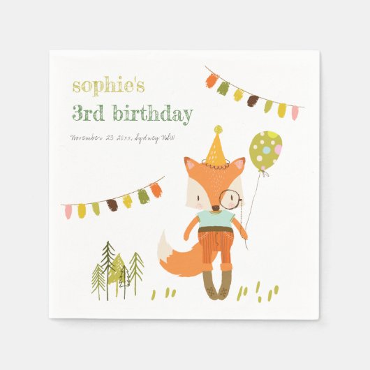 Serviette En Papier Élégant mignon Woodland Fun Party Fox Anniversaire (Devant)