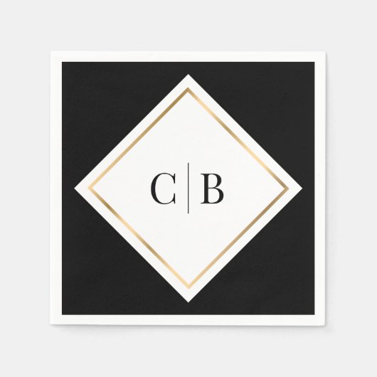 Serviette En Papier Élégant minimal noir blanc or Mariage (Devant)