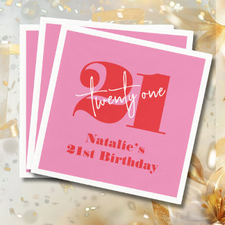 Serviette En Papier Élégant Moderne Anniversaire 21 Ans Rose Rouge Min