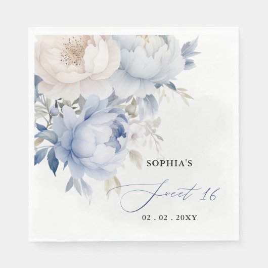 Serviette En Papier Élégant Moderne Dusty Bleu Floral Sweet 16 (Devant)