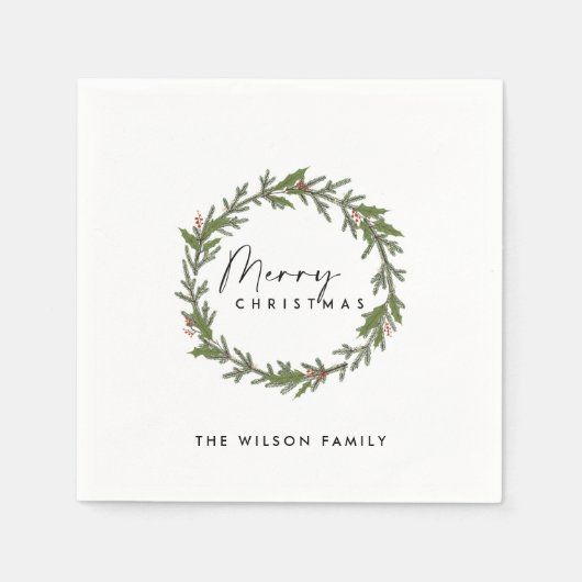 SERVIETTE EN PAPIER ÉLÉGANT MODERNE HOLLY BERRY WREATH NOËL (Devant)