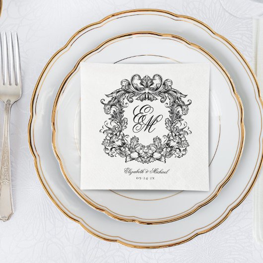 Serviette En Papier Élégant Monogram Crest Mariage de script