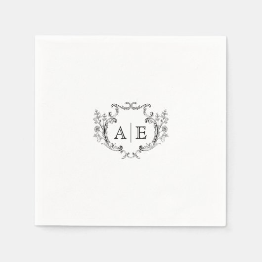 Serviette En Papier Élégant Monogram Crest Mariage noir et blanc (Devant)