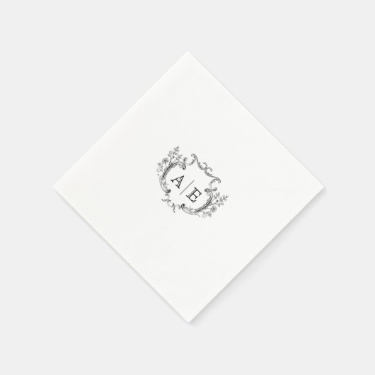 Serviette En Papier Élégant Monogram Crest Mariage noir et blanc (Coin)