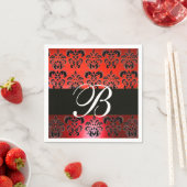 SERVIETTE EN PAPIER ÉLÉGANT MONOGRAM DE MARIAGE DAMASSÉ NOIR ROUGE (En situation)
