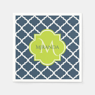 Serviette En Papier Élégant Monogram Marine Green Quatrefoil et nom