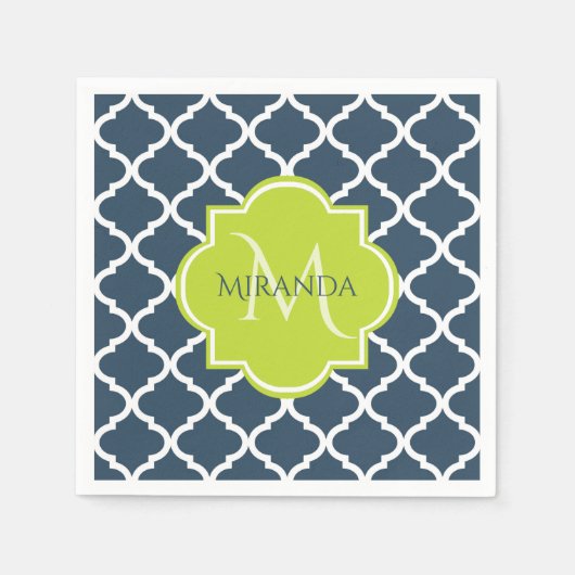 Serviette En Papier Élégant Monogram Marine Green Quatrefoil et nom (Devant)
