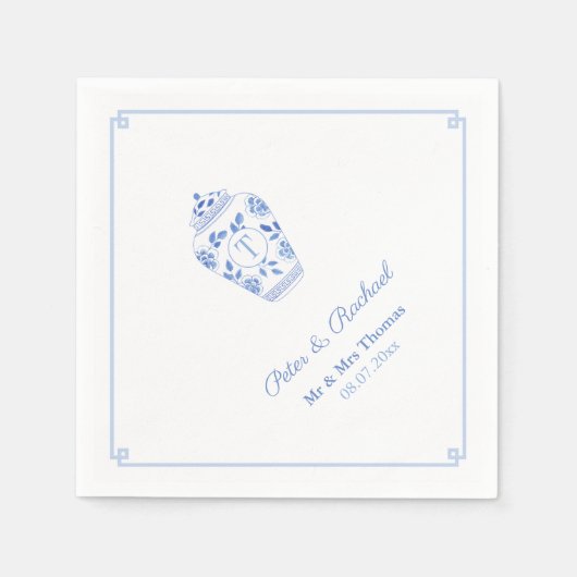 Serviette En Papier Élégant Monogramme Bleu Blanc Chinoiserie Mariage (Devant)
