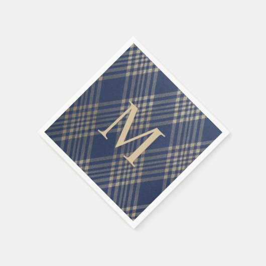 Serviette En Papier Élégant Monogramme bleu et Tan Plaid (Coin)