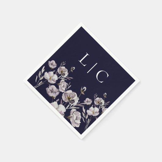 Serviette En Papier Élégant monogramme bleu foncé fleur d'aquarelle (Coin)