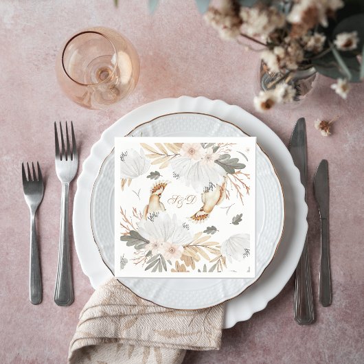 Serviette En Papier Élégant Monogramme Boho Aquarelle fleurs & oiseaux