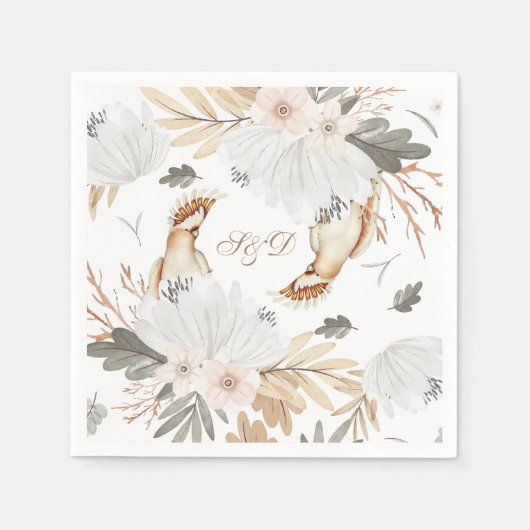 Serviette En Papier Élégant Monogramme Boho Aquarelle fleurs & oiseaux (Devant)