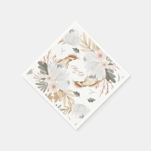 Serviette En Papier Élégant Monogramme Boho Aquarelle fleurs & oiseaux (Coin)