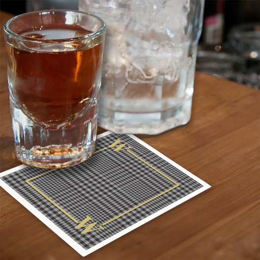 Serviette En Papier Élégant monogramme carreau Glen noir or