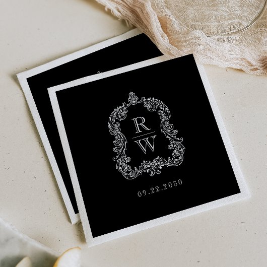 Serviette En Papier Elégant Monogramme Cimier Noir Blanc Mariage