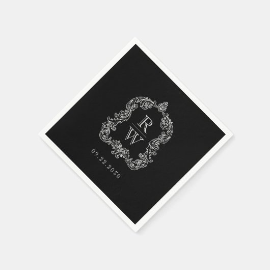 Serviette En Papier Elégant Monogramme Cimier Noir Blanc Mariage (Coin)