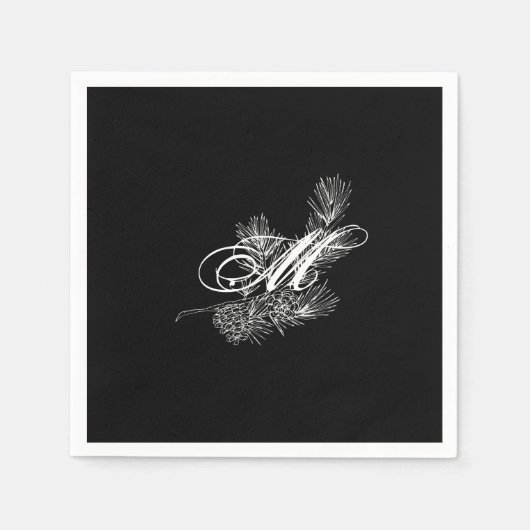 Serviette En Papier Élégant monogramme de cône de pin noir blanc (Devant)