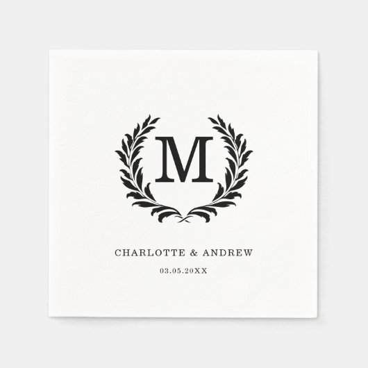 Serviette En Papier Élégant Monogramme de crête Mariage blanc (Devant)