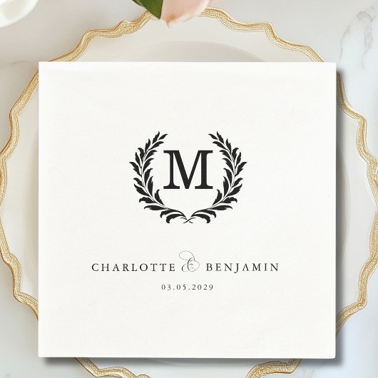 Serviette En Papier Élégant Monogramme de crête Mariage blanc