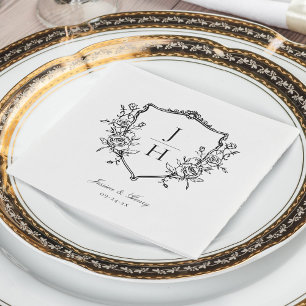 Serviette En Papier Élégant Monogramme de Mariage à Couronne Florale R