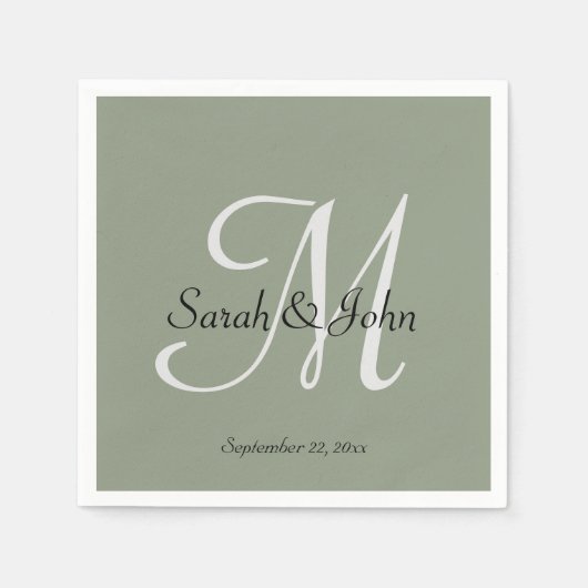 Serviette En Papier Élégant Monogramme de Nom de Script de Vert Sauge (Devant)