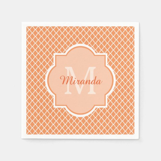Serviette En Papier Élégant Monogramme De Quatrefoil Orange Avec Nom (Devant)