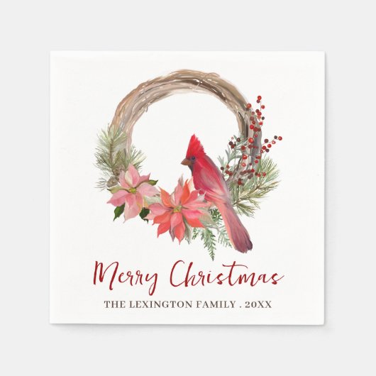 Serviette En Papier Élégant Monogramme d'oiseau cardinal rouge Noël (Devant)