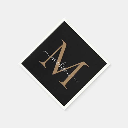Serviette En Papier Élégant Monogramme d'or noir Script Girly Annivers (Coin)