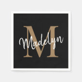 Serviette En Papier Élégant Monogramme d'or noir Script Girly Annivers (Devant)