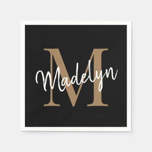 Serviette En Papier Élégant Monogramme d'or noir Script Girly Annivers (Devant)