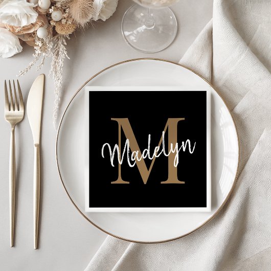 Serviette En Papier Élégant Monogramme d'or noir Script Girly Annivers