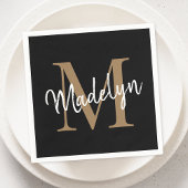 Serviette En Papier Élégant Monogramme d'or noir Script Girly Annivers