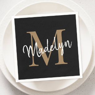 Serviette En Papier Élégant Monogramme d'or noir Script Girly Annivers