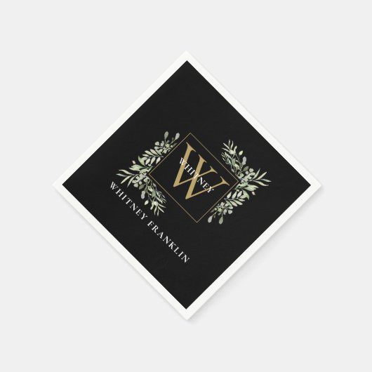 Serviette En Papier Élégant Monogramme d'or noir Vert Eucalyptus (Coin)