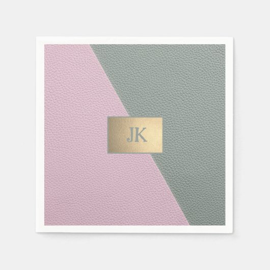Serviette En Papier Élégant Monogramme en cuir rose vert (Devant)