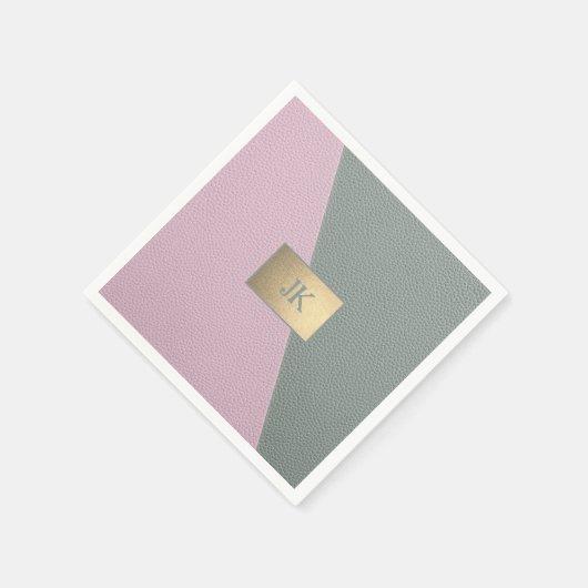 Serviette En Papier Élégant Monogramme en cuir rose vert (Coin)