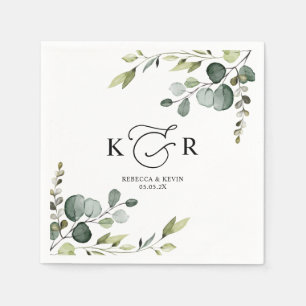 Serviette En Papier Élégant Monogramme Eucalyptus Vert Personnalisé