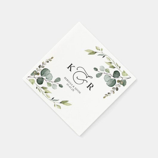 Serviette En Papier Élégant Monogramme Eucalyptus Vert Personnalisé (Coin)