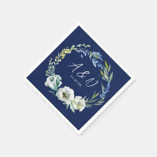 Serviette En Papier Élégant Monogramme floral bleu marine Mariage d'hi (Coin)