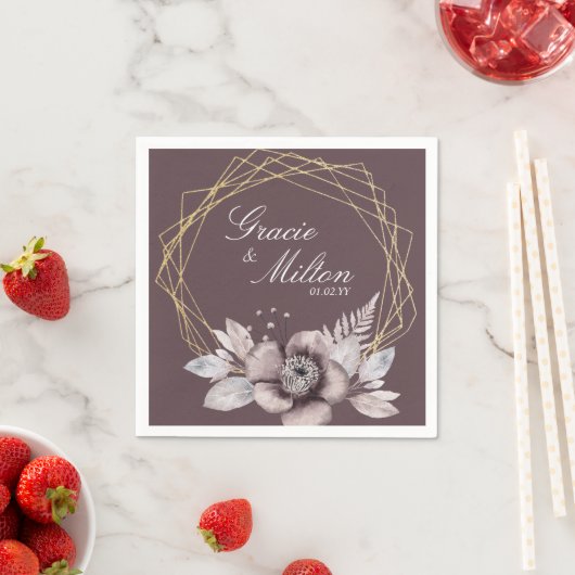 Serviette En Papier Élégant Monogramme Floral Mauve Mariage (En situation)