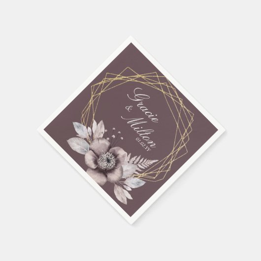 Serviette En Papier Élégant Monogramme Floral Mauve Mariage (Coin)