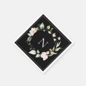 Serviette En Papier Élégant Monogramme Floral rose Mariage noir servie (Coin)